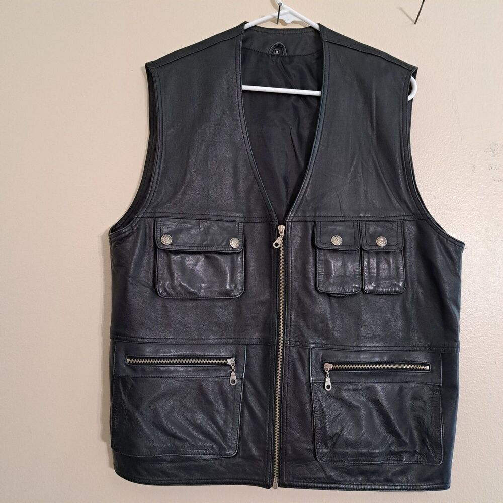 Men's Black Leather Zip Front Vest - Classic Utility Style - Picture 1 of 16
